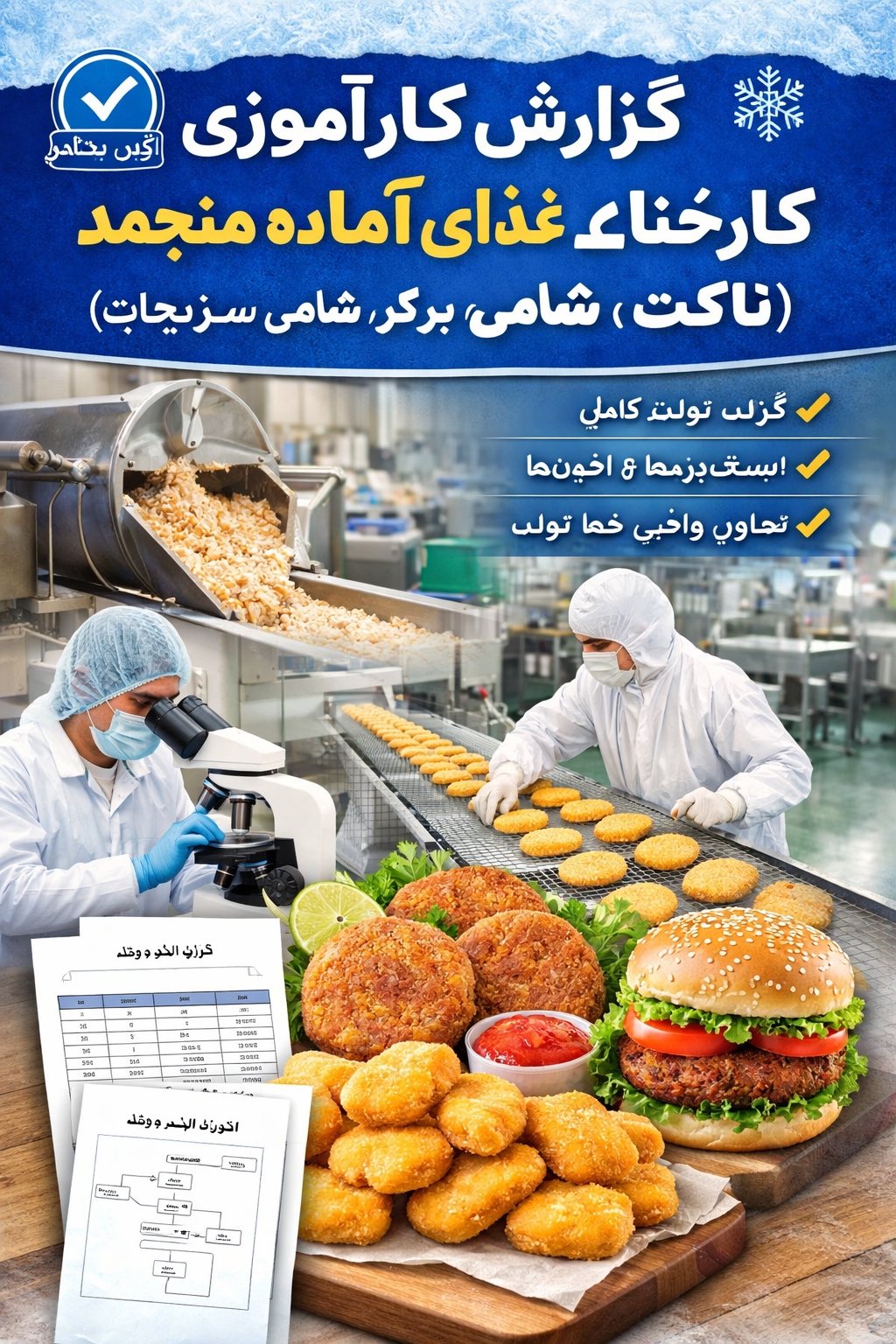 گزارش جامع کارآموزی کارخانه غذای آماده منجمد (ناگت، شامی، برگر سبزیجات و...)